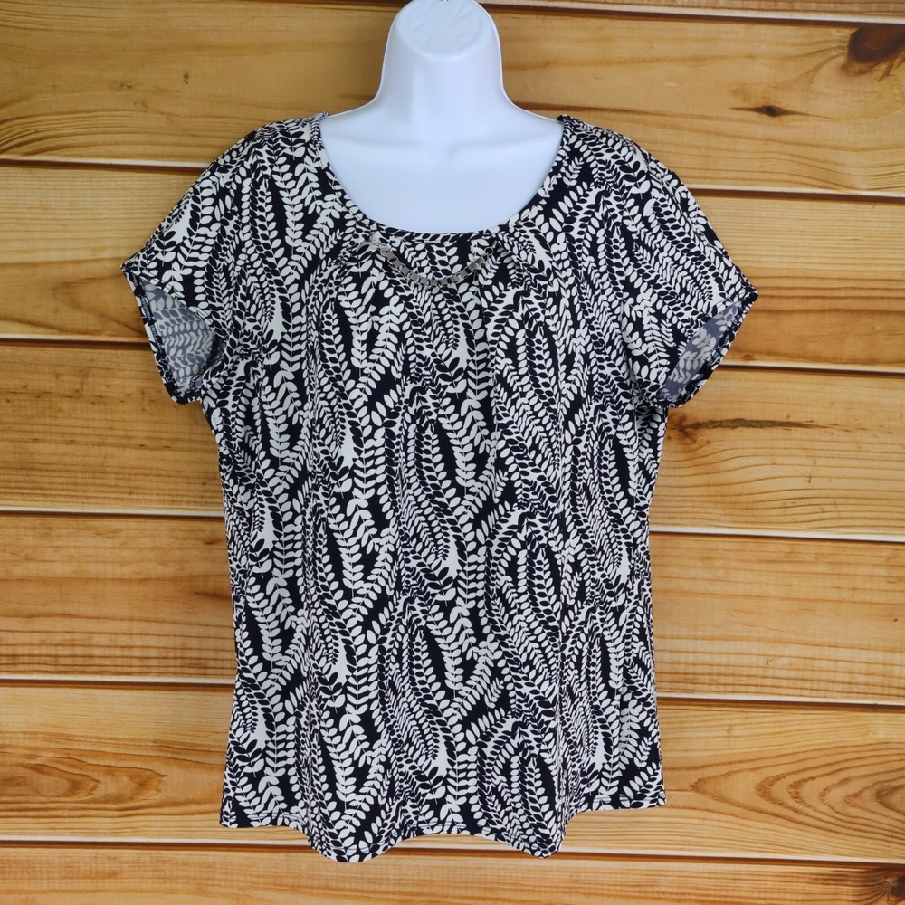 NY Collection Short Sleeve Blouse Shirt Womens Size XL Blue White Floral Stretch